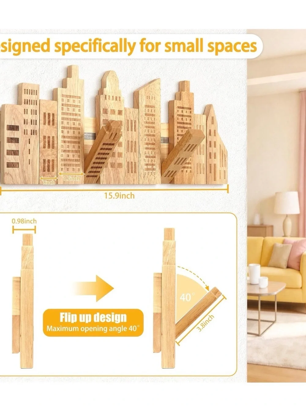 Wooden Cityscape Wall Hook Rack in Natural Wood